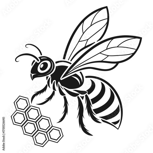 Stylized black and white illustration of a bee with honeycomb