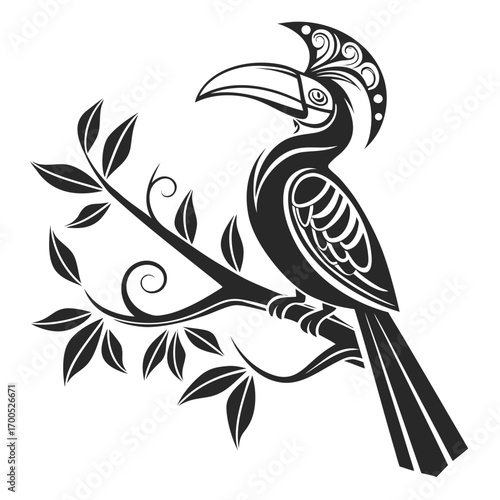 Stylized hornbill bird perched on a branch with leaves in black and white