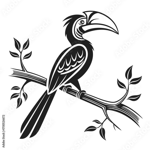 Stylized black and white toucan bird perched on a branch with leaves