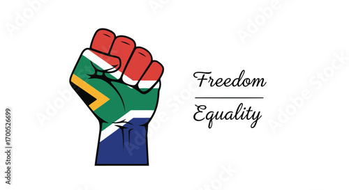 Vector illustration of fist with the south african flag colors raised, symbolizing freedom and equality