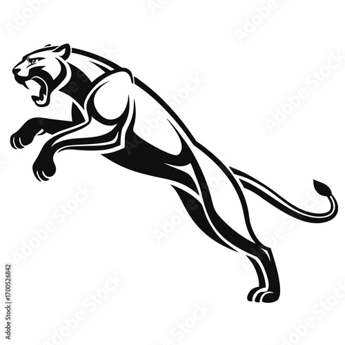 Stylized black panther leaping forward with mouth open