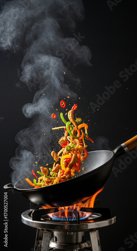 Dynamic studio shot of a wok with stir-frying ingredients on a flame