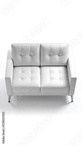 A modern, light-toned, two-seater sofa with distinct button tufting, presented in a clean,  setting.