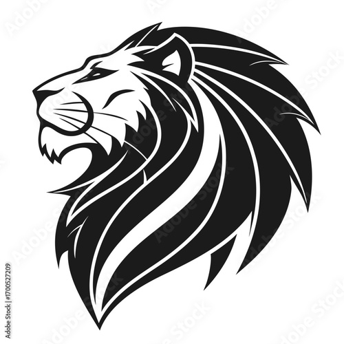Stylized black and white lion head profile illustration