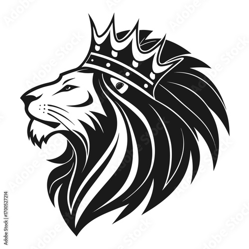 Majestic lion head with crown roaring profile illustration