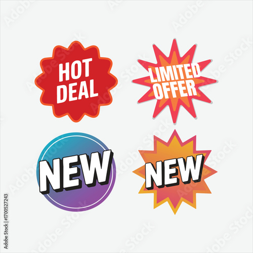 Hot deal, limited offer, and new label badge set vector. Perfect for ecommerce marketing, shop promotion, product launch, special discount, flash sale. Editable isolated sticker pack for retail banner