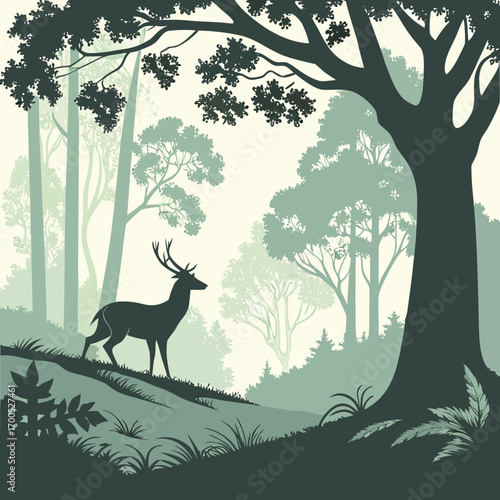 Majestic deer silhouette in a serene forest landscape at dawn or dusk