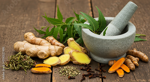 A mortar and pestle grinding fresh neem leaves and ginger root, surrounded by scattered dried tulsi leaves, turmeric slices, and clove buds, symbolizing herbal preparation. Focus on natural textures, 