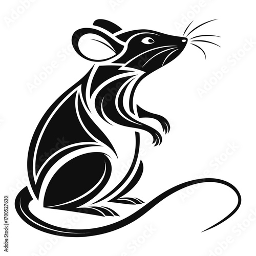 Stylized black mouse with tribal design elements on white background