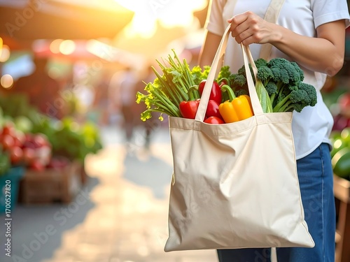 Hand carries tote bag with fresh vegetables