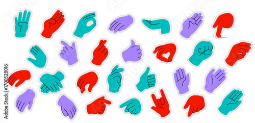 A vibrant collection of colorful hand gestures in red, purple, and teal. Each hand displays a unique sign, ranging from thumbs up to peace signs, creating a lively and expressive visual