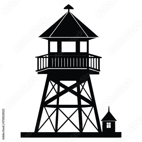 Silhouetted Wooden Observation Tower with Railing and Adjacent Cabin Building Illustration