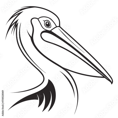 Stylized black and white pelican illustration head profile