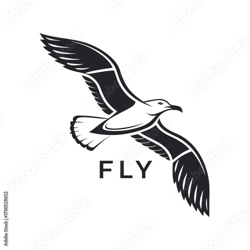 Stylized black and white seagull in flight with the word fly