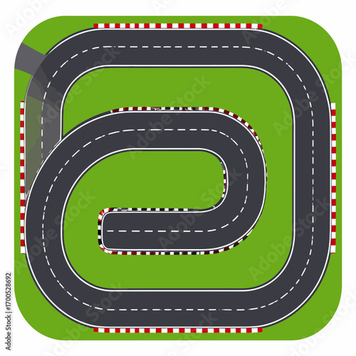 Overhead illustration of a stylized race track with curved lanes and safety barriers on a green background.