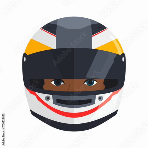 Close-up portrait of a determined racing driver wearing a modern motorsport helmet, a professional flat design vector graphic isolated on a white background