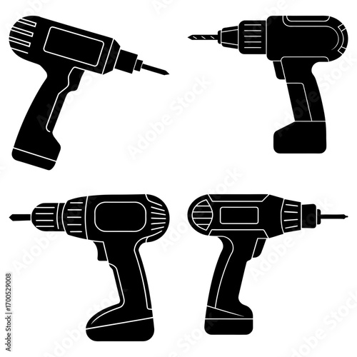 Four black and white silhouette illustrations of cordless power drills in various orientations on white