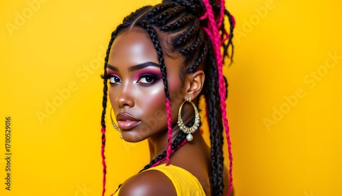 The image depicts a stunning young woman with vibrant Afro American colorful braids, styled elegantly against a soft light yellow background.