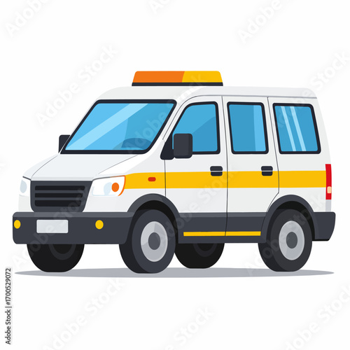 White SUV with yellow stripes and an orange light bar on the roof, depicted in a cartoon style.