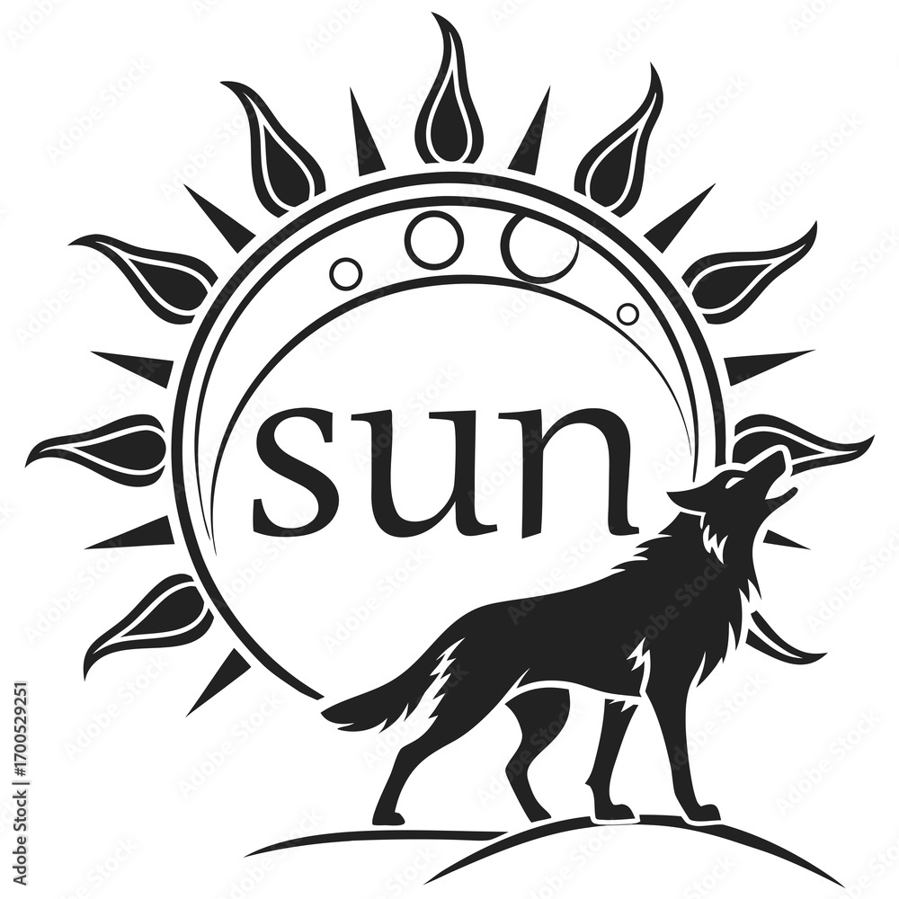 Fototapeta premium Stylized sun with a howling wolf and the word sun