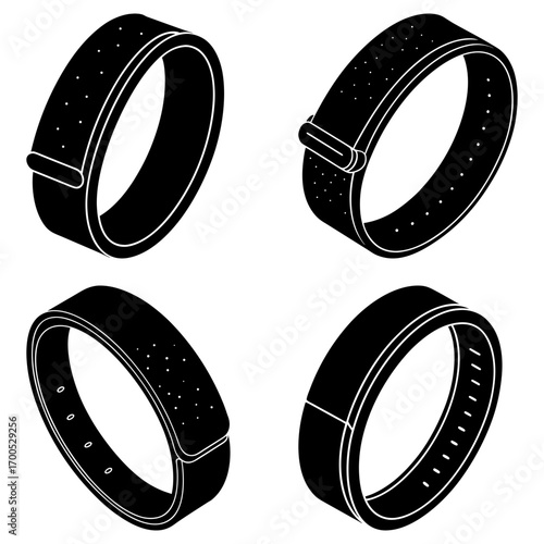 Isometric view of four black fitness trackers with perforated bands and buckle closures displayed together