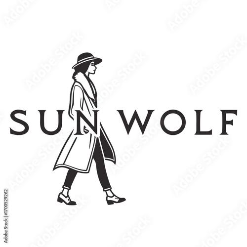 Elegant woman in trench coat and hat walking with sun wolf text