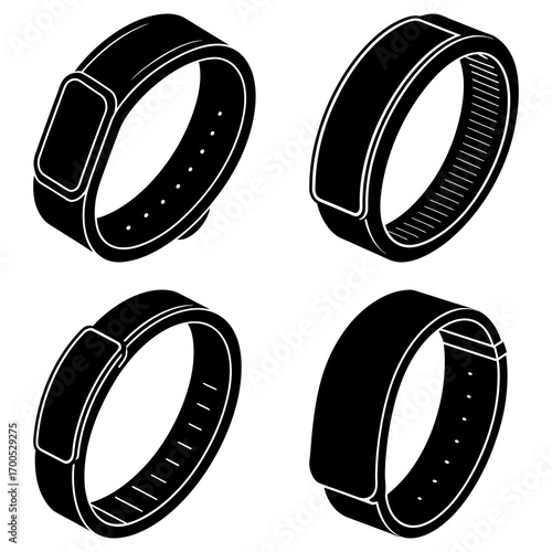 Four isometric black fitness trackers with different band styles displayed on a white background