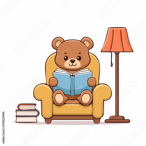Cute teddy bear sitting on a plush armchair, reading an open storybook with lamp on right side