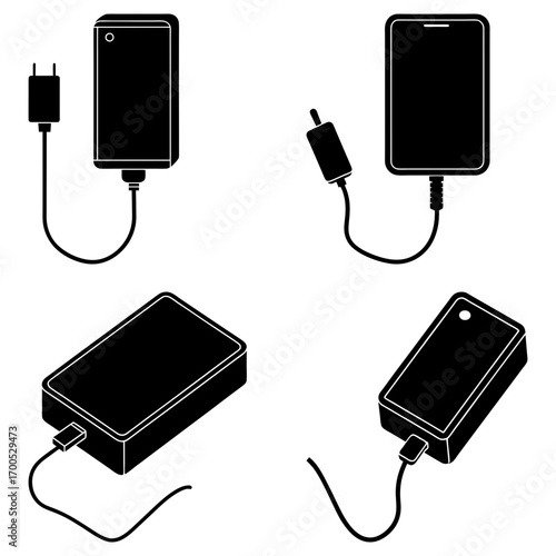 Four illustrations showing different styles of charging devices and power sources in black and white