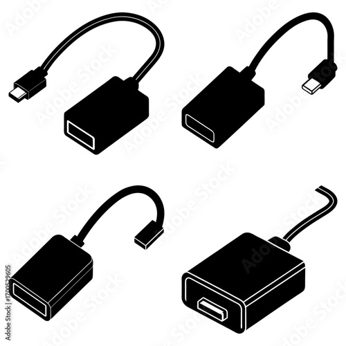 Isometric view of black usb type c to usb type a adapter cables on a white background in four variations