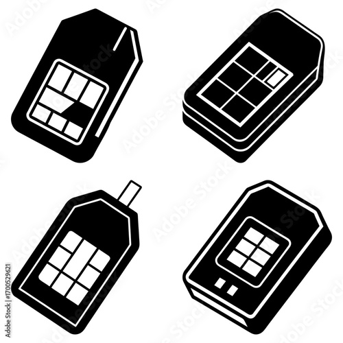 Four black and white stylized sim cards arranged in a square format on a white background vector art