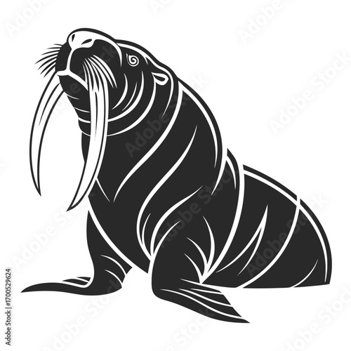 Stylized black and white illustration of a walrus with large tusks
