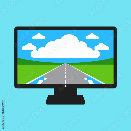 Computer monitor displaying a racing track landscape.
