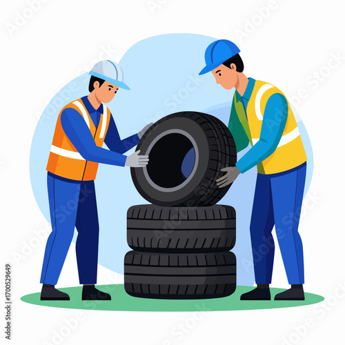 Two workers carefully stack used tires at a recycling or disposal facility.
