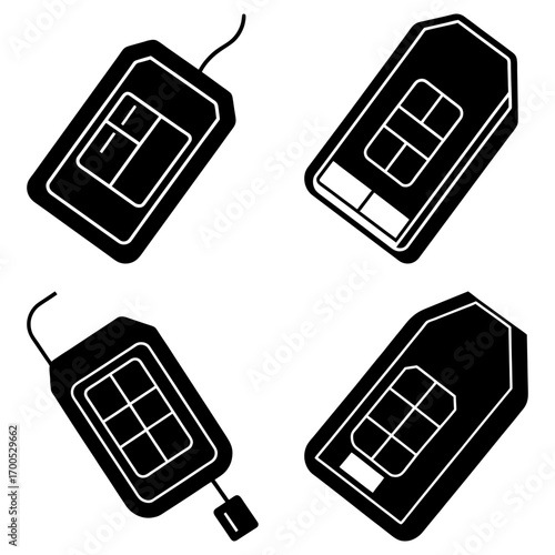 Illustration of four black and white sim card adapters in a scattered arrangement on a white background