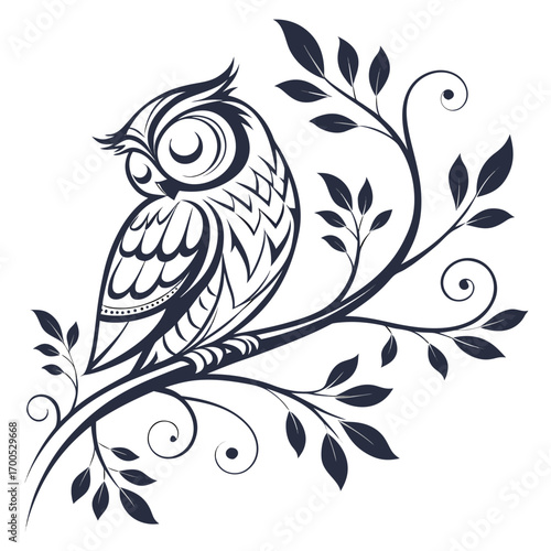 Stylized owl perched on a branch with leaves and swirls