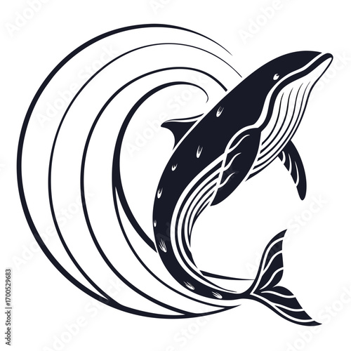 Stylized humpback whale leaping through waves in dark blue silhouette