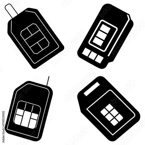 Illustration of four sim cards in black and white showing different chip configurations and orientations