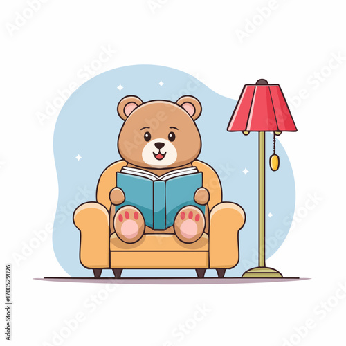 Cute teddy bear sitting on a plush armchair, reading an open storybook with lamp on right side