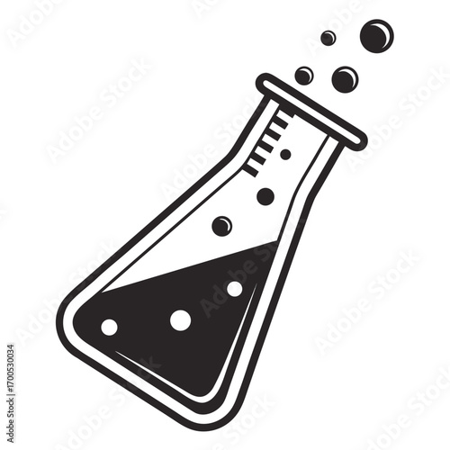 Black and white illustration of a bubbling laboratory flask with liquid