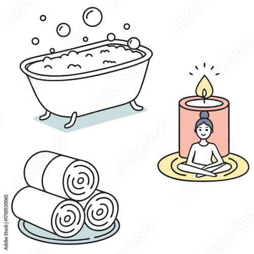 Bathtub Bubbles Towels and Candle for Relaxation vector