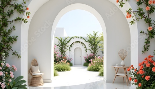 Fototapeta Naklejka Na Ścianę i Meble -  The white room features a large archway leading to a serene outdoor garden, with vibrant flowers in full bloom climbing up the walls.
