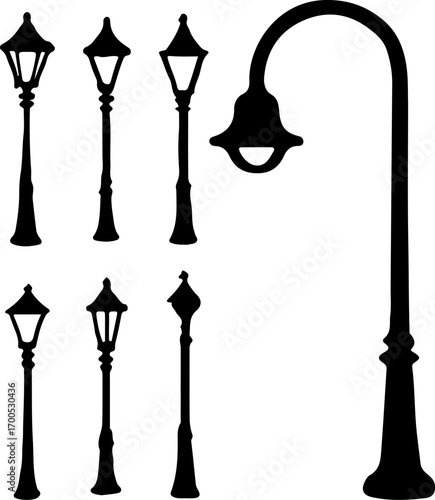 Street light silhouettes set, lampposts set vector, Creative streetlamp vector art, streetlamp vector logo, Set of lamppost art design, lampposts silhouette collection