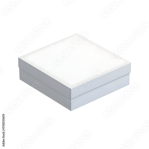 A simple studio shot showing a closed square white box with a lid on a white background in isolation