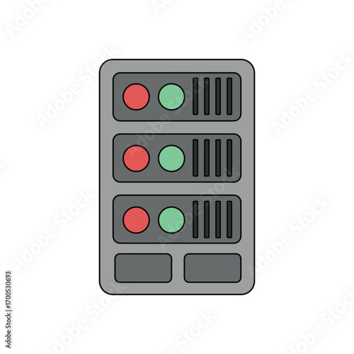 A vertical server rack with three blinking lights and ventilation grills