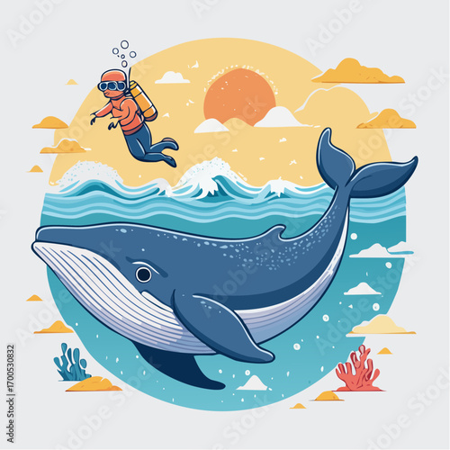 Funny whale and diver do activity at sea.  Diving with marine animal concept 