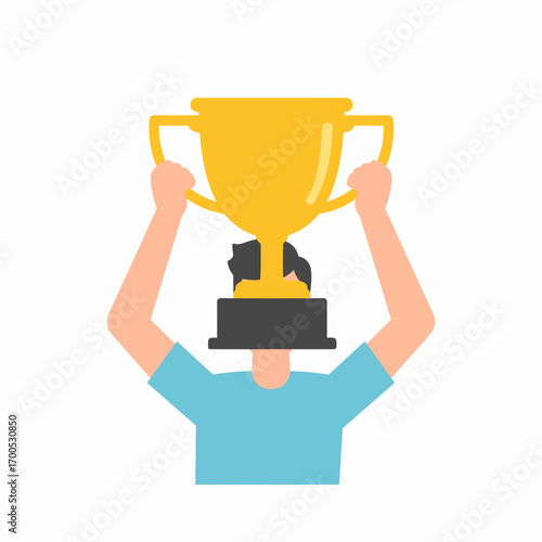 Minimalist flat vector illustration of a successful person celebrating a victory by holding a large gold trophy cup high in the air