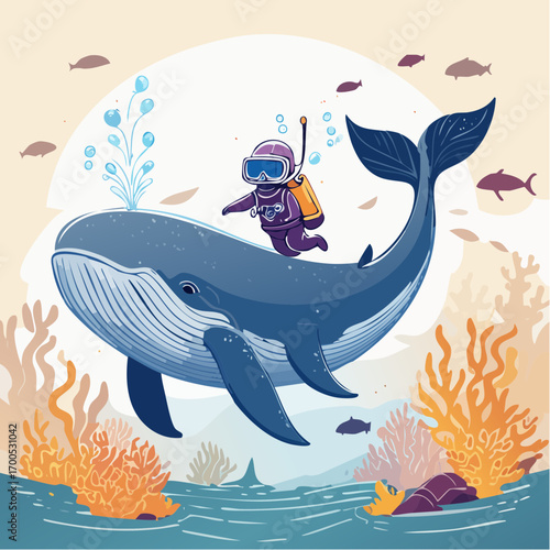 Funny whale and diver do activity at sea.  Diving with marine animal concept 