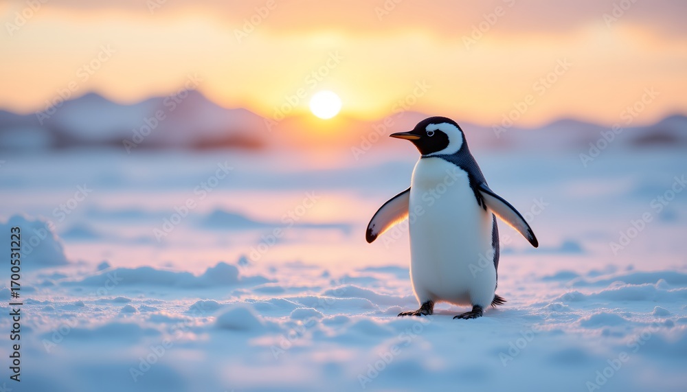 Obraz premium The charming portrait captures a playful penguin frolicking in a snowy landscape, radiating pure joy against the soft hues of a sunset backdrop.