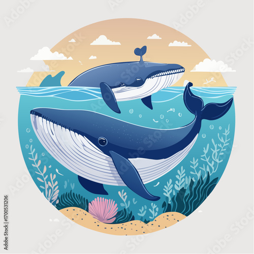 Mother whale and her baby calf diving together in the clear ocean